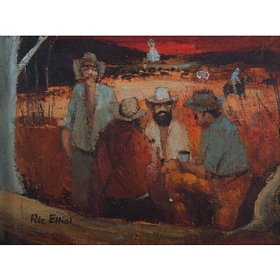 ELLIOT, Ric (1933-1995) 'Drovers Camp' Oil on Board