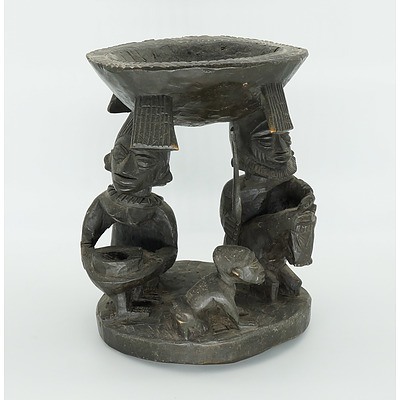 African Craved Bowl Held up Two Figures, Ivory Coast Mid 20th Century