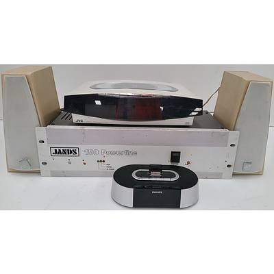 Jands Amplifier, JVC Component System, Four Steam Irons and Philips iPod Dock Clock Radio