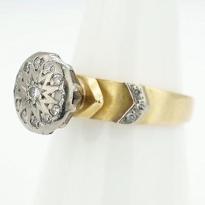 18ct Yellow Gold Ring with White Gold Setting Around ""Illusion"" Plate with Centre Round Brilliant Cut Diamond and Twelve Single Cut Diamonds