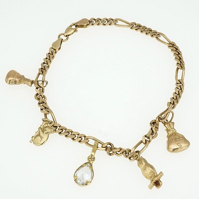 9ct Yellow Gold Long and Short Link File Curb Link Chain with Five Charms