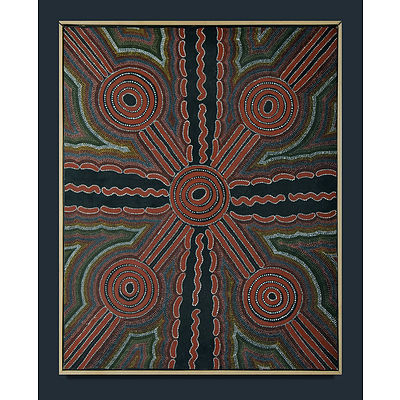 PETYARRE, Dorrie, Untitled. Inscribed verso with artist's name & cat 92D122. Stretcher inscribed 'Commissioned by Delmore' Acrylic on Canvas