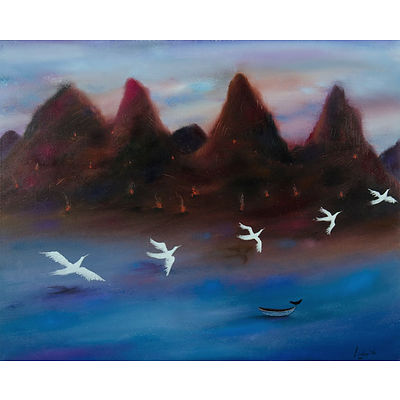 LODGE, Annette (b.1955) (3) 'Land of Fire,' 2006 (61x76cm); 'Glacier Grey, Patagonia I & III,' 2005 (30x30cm each). All ex Soho Galleries, Sydney Oil on Canvas (3)