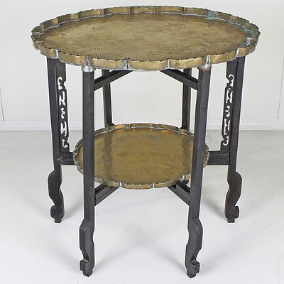 Antique Asian Engraved Brass and Carved Hardwood Two Tier Folding Table