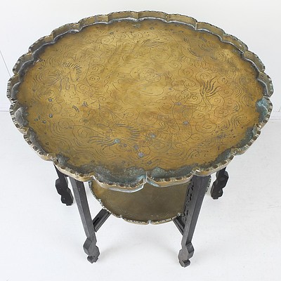 Antique Asian Engraved Brass and Carved Hardwood Two Tier Folding Table