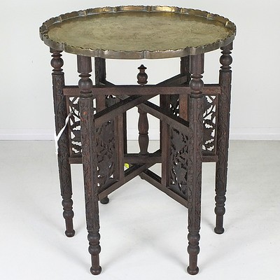 Antique Oriental Carved Hardwood and Engraved Brass Folding Table