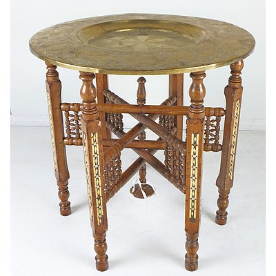 Antique Middle Eastern Inlaid Wood and Engraved Folding Table