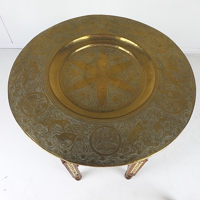 Antique Middle Eastern Inlaid Wood and Engraved Folding Table