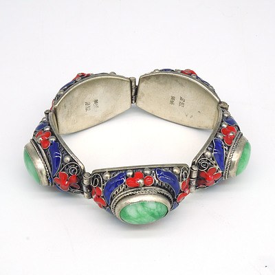 Sterling Silver Linked Bracelet with Blue and Red Enamel and Oval Treated Green Cabochon Gems