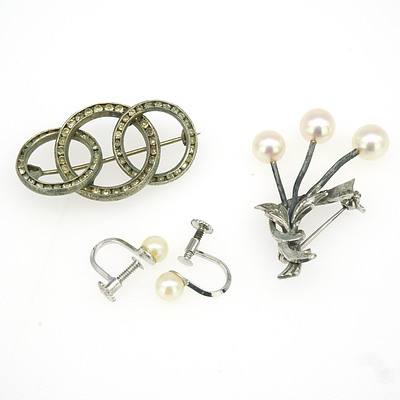Sterling Silver Skrew on Earrings With Round Cream Cultuered Pearl 5mm and a Sterling Silver Brooch with Three Round Cultured Pearl Pinkish White 6.5mm-7.5mm Stamped Mikimoto