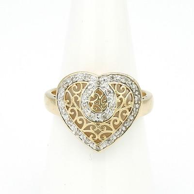 9ct Yellow Gold Ring with Heart Shaped Filigree Top with Twenty Eight Round Brilliant Cut Diamonds