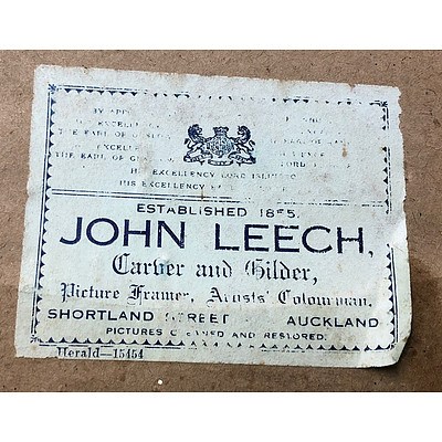 Antique Wood and Moulded Gesso Mirror with Original Bronzed Finish, Label of John Leech Carver and Gilder Auckland