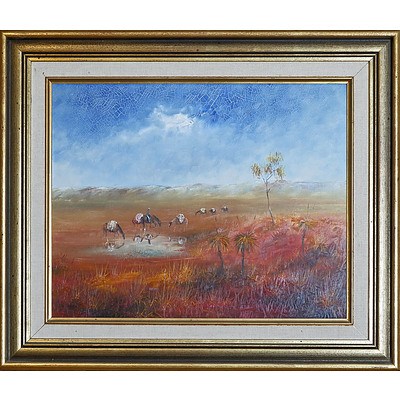 Ewald Rishe (1945-) Watering at the Soak - Kimberleys, Oil on Board