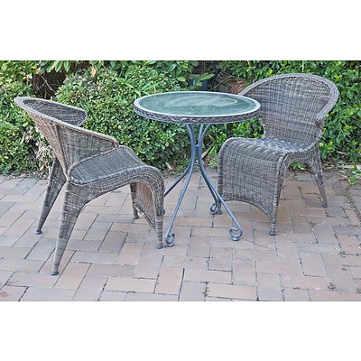 Outdoor Metal and Glass Table with Two Synthetic Wicker Chairs