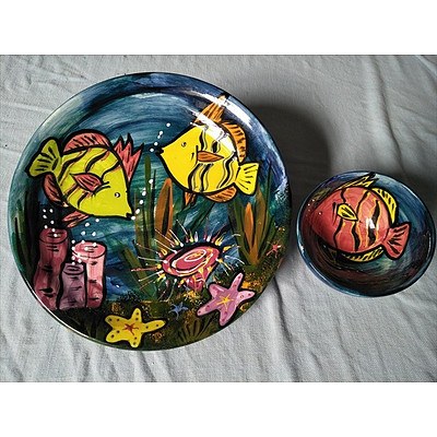 Handpainted ceramic serving plate and bowl with fish design