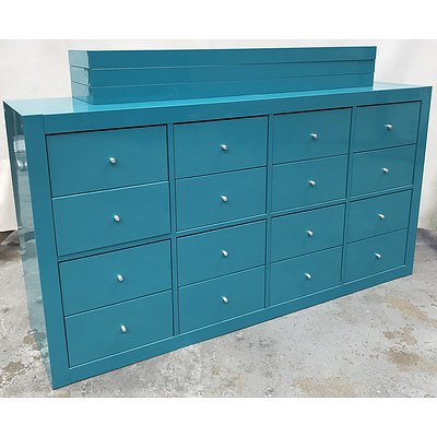 Two Teal 16 Drawer Chest with Six Floating Shelves