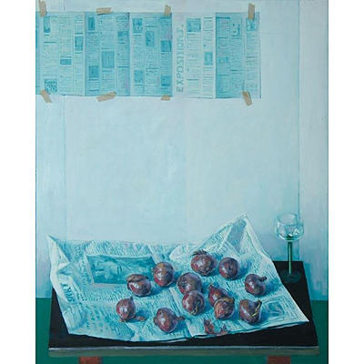 CHURCHLAND Lindsay (1921-2010), Still Life Study - Newspapers, Wine Glass & Onions , oil on canvas