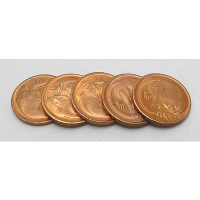 Australia Brilliant Uncirculated One Cent Coins 1976 (x5)