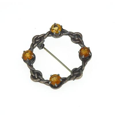 Sterling Silver Kilt Brooch With Four Citrine Stones in Claw Setting, Stamped Inoa