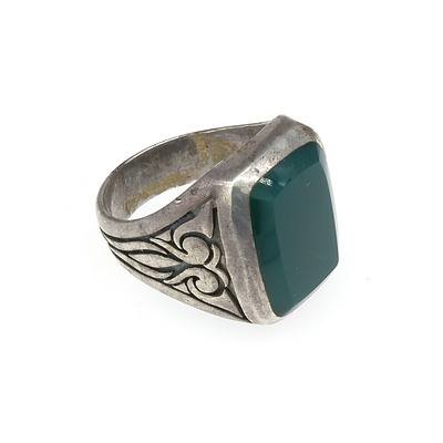 Sterling Silver Ring With Rectangular Flat Cabochon of Green Agate