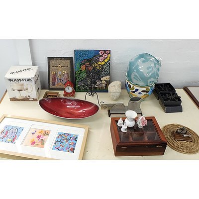 Carved Buddha Head, Glass Light and Other Ornaments