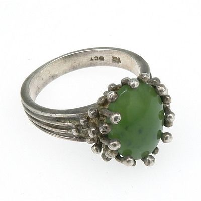 9ct White Gold Abstract Style Ring with Oval Cabochon of Greenstone Jade