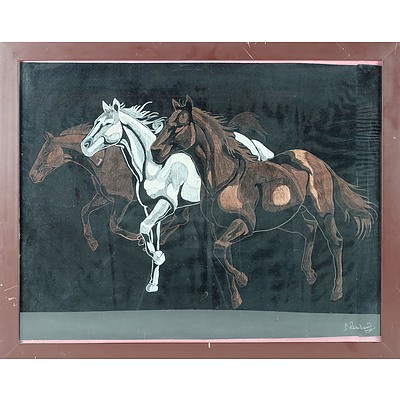J Penahaw Galloping Horses Crayon on Fabric