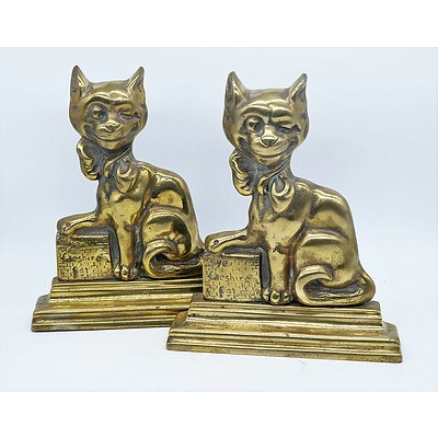 Pair Antique Brass Cheshire Cat Bookends