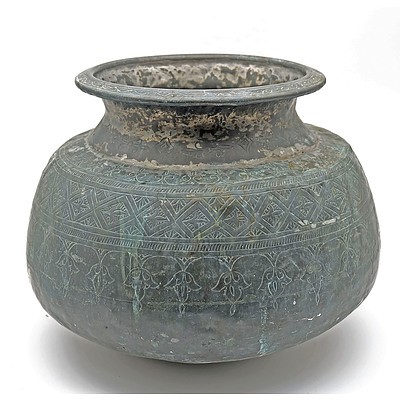 Antique Indo Persian Tinned Copper Storage Vessel with Engraved Design