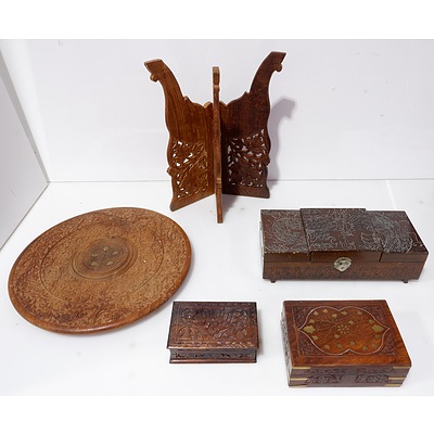 Collection of Oriental Carved Wood Stands and Engraved Boxes