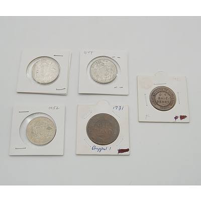 Three Australian Florins, 1931 Australian Penny and 1921 Half Penny