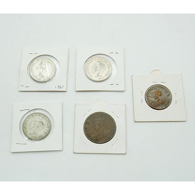 Three Australian Florins, 1931 Australian Penny and 1921 Half Penny