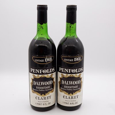 Two Bottles of Penfolds Dalwood Hermitage Claret Vintage 1968 1 Pint 6 FL. OZ.