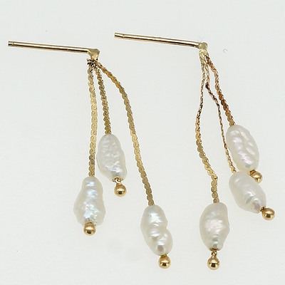 14ct Yellow Gold Drop Earrings Each with Three Fresh Water Pearls on Lengths of Chain
