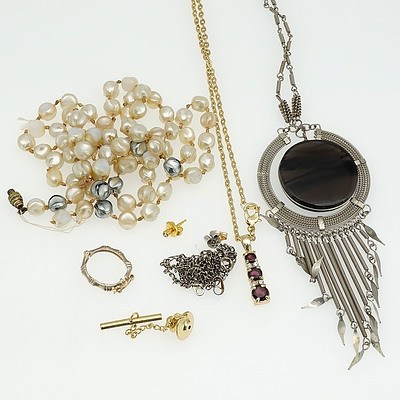 Gold Coloured Six Chain Necklace, Contemporary Dream Catcher Style Pendant, Imitation Pearls and More 