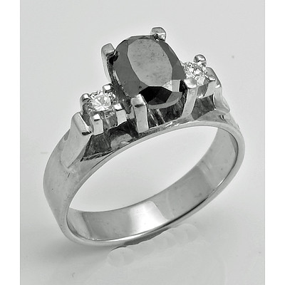 Large Black Oval Diamond Ring - 14ct White Gold