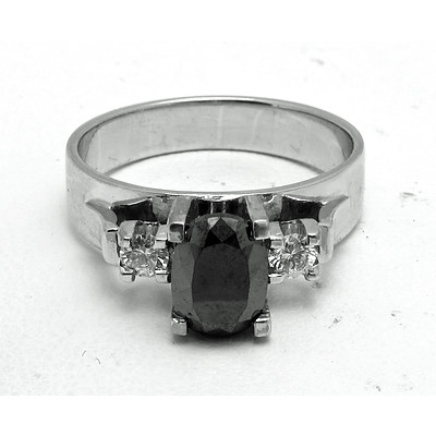 Large Black Oval Diamond Ring - 14ct White Gold