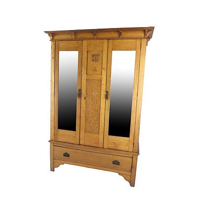 Federation Period Oak Wardrobe with Carved Art Nouveau Tulip Motif Circa 1910