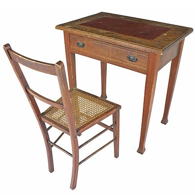 Small Writing Table and Inlaid Caned Chair Early 20th Century