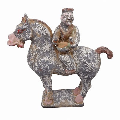 Chinese Han Style Ceramic Model of a Drummer on Horseback, 20th Century