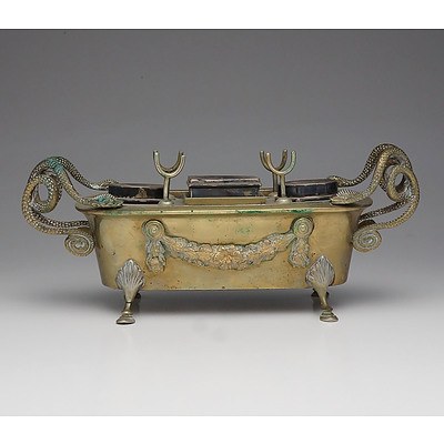 Antique French Brass Desk Set with Wreath and Snake Form Handles 19th Century