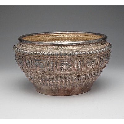 Lao Silver Repousse Rose Bowl Decorated with the Twelve Zodiac Animals, Jasmine Buds and Beadwork With Inscription to Base To Madame Dexte