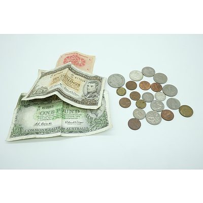 Group of Various Foreign Coins and Bank Notes Including a Ten Shilling Note and More
