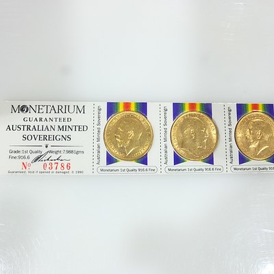 Five Encased Australian Minted Gold Sovereigns No. 03786