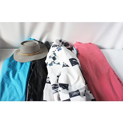 Two Snowboarding Pants, One Snowboarding Jacket, One Faux Leather Jacket, and One Crocodile Dundee Branded Hat
