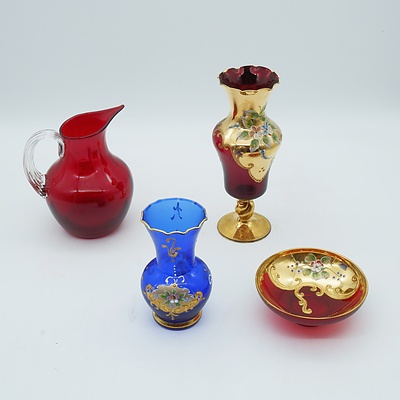 Group of Venetian Style Art Glasses Including a Raised Enameled Glass Vase