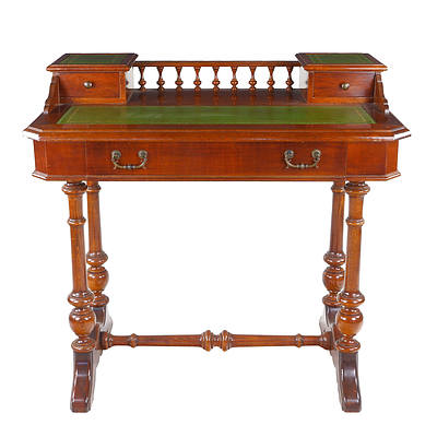 Victorian Style Writing Desk with Gilt Tooled Green Leather
