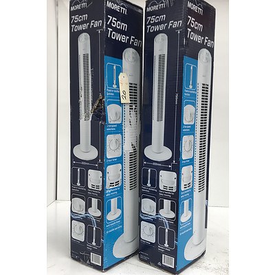 Moretti 75cm Tower Fans - Lot of 2 - RRP Over $200 - Brand New