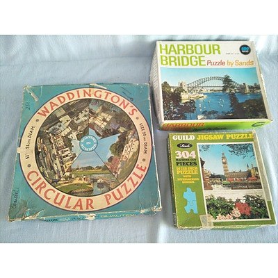 Vintage Waddington's Circular jigsaw puzzle and two other old fashioned jigsaws