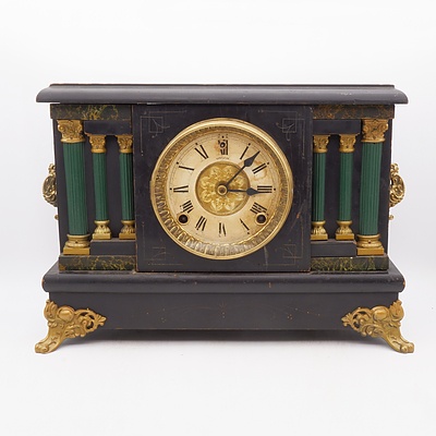 Welch Painted Timber Mantle Clock with Column and Faux Marble Detailing